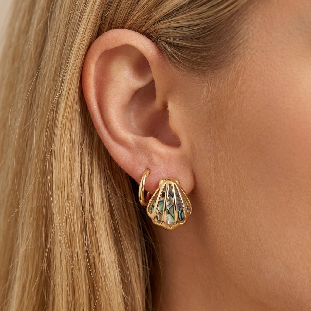 abalone shell earrings gold shell-shaped earrings featuring iridescent abalone inlay with ocean theme earrings, designed to capture a coastal boho feel with an artistic statement silhouette and natural luminous detail
