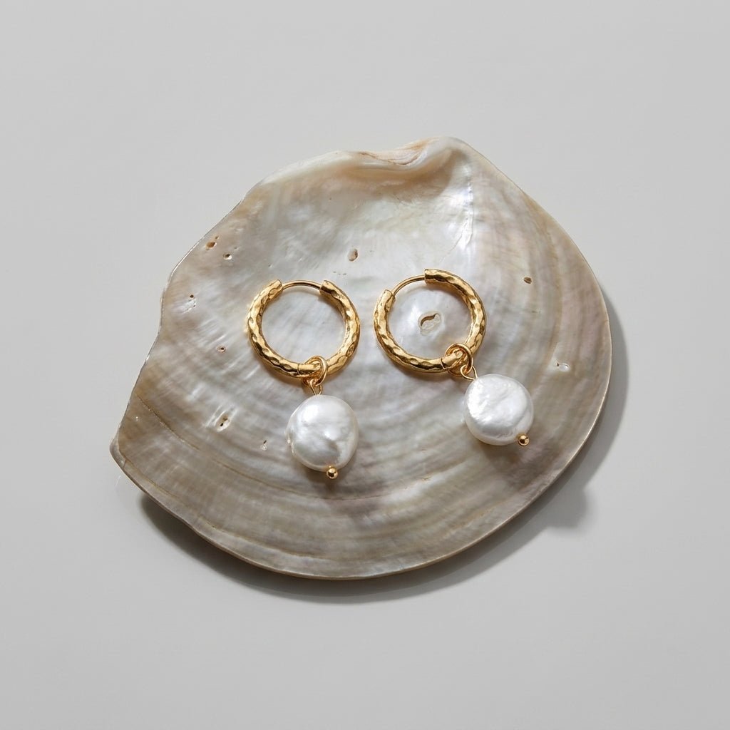 baroque pearl hoop earrings hammered gold hoop earrings with freshwater pearl drops timeless jewelry coastal chic earrings for elegant evening earrings or bridesmaid earrings
