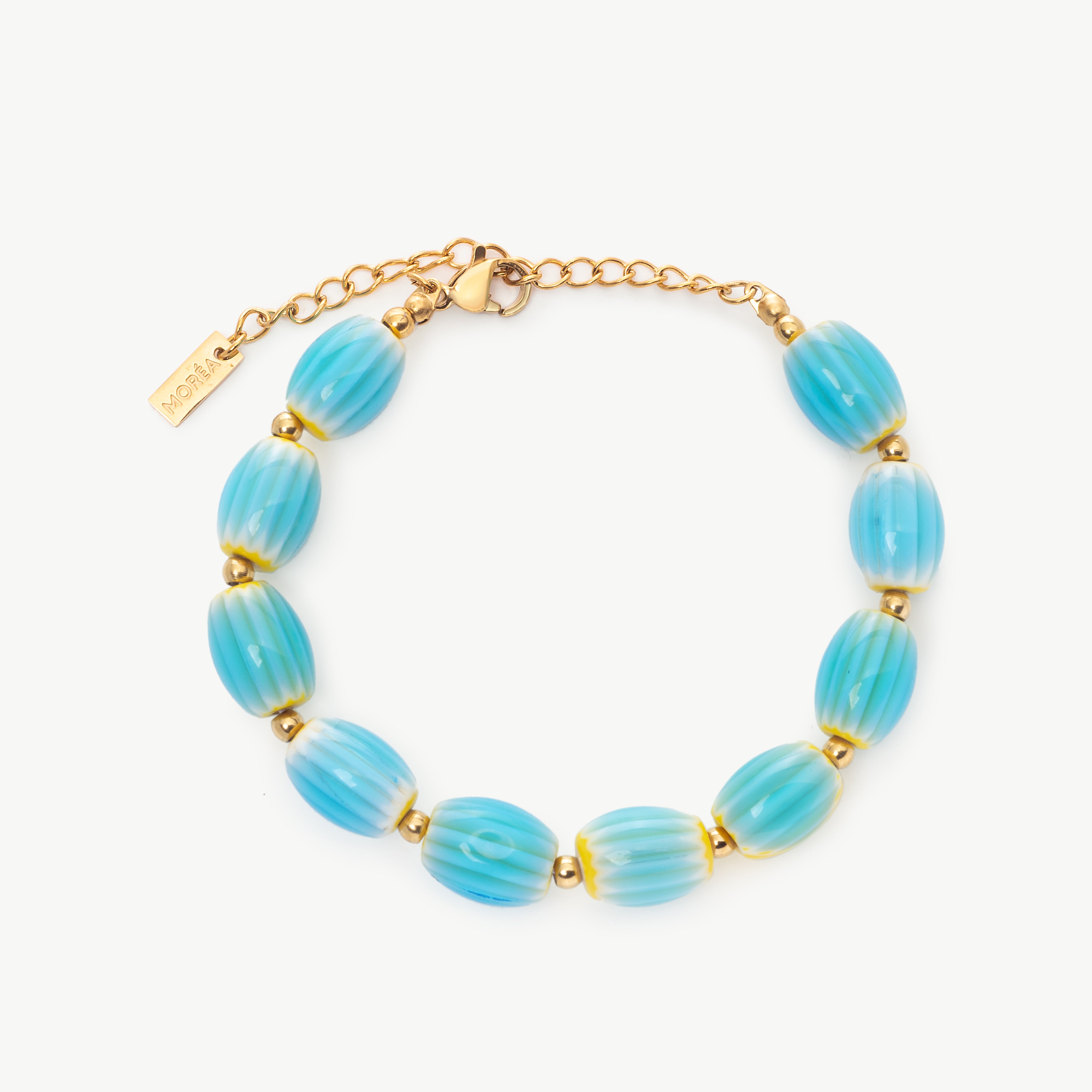 blue bead bracelet with smooth light blue beads, blue beaded bracelet with polished finish and blue and gold bead bracelet