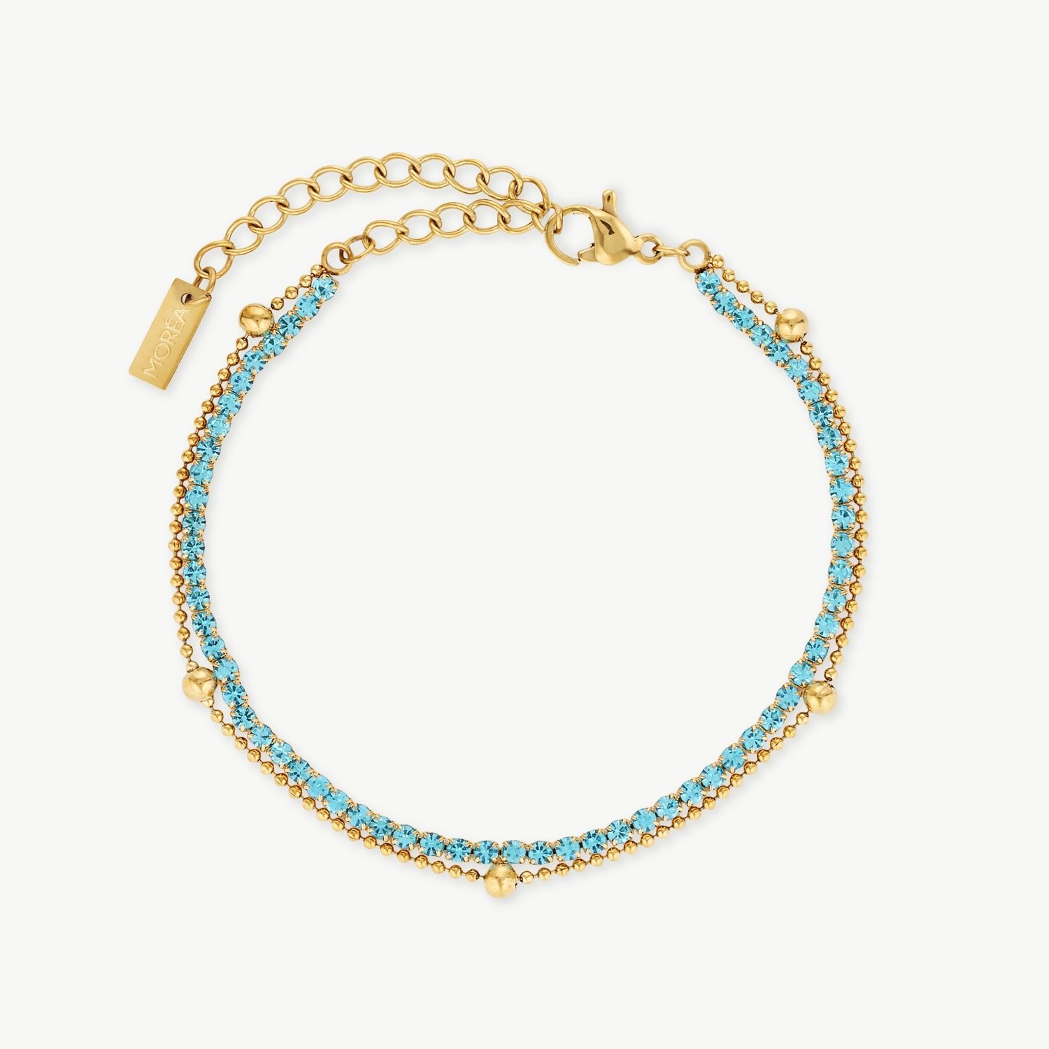 blue crystal bracelet with premium blue cubic zirconia on a delicate gold chain