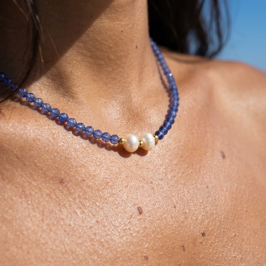 blue pearl choker necklace with faceted blue beads and freshwater pearls