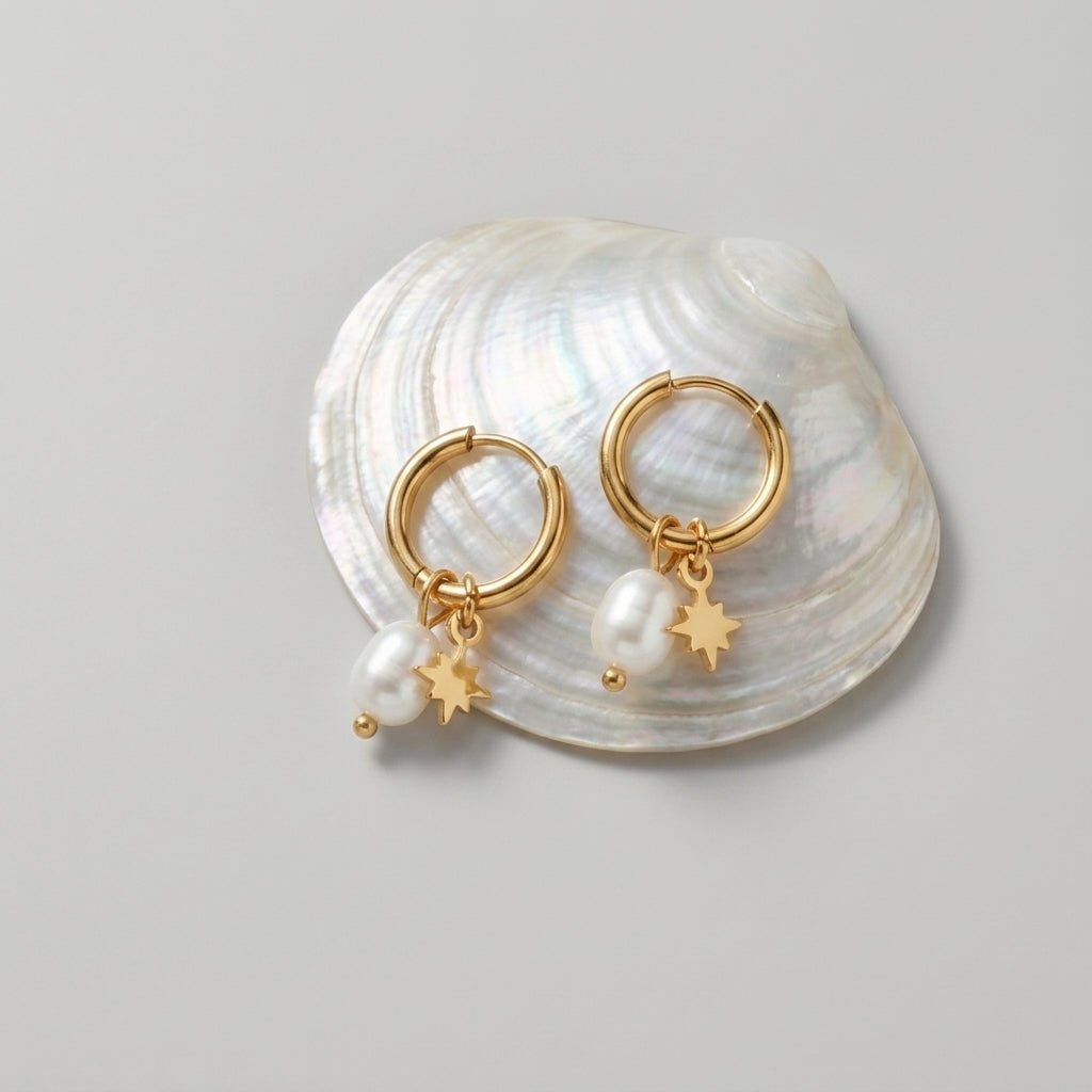 bridesmaid pearl earrings delicate gold hoop earrings with pearl drops and star charms elegant bridal party jewelry bride pearl earrings style