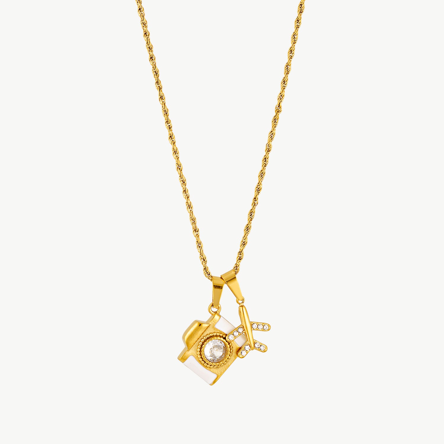 camera pendant necklace with a waterproof gold camera charm for everyday jewelry style
