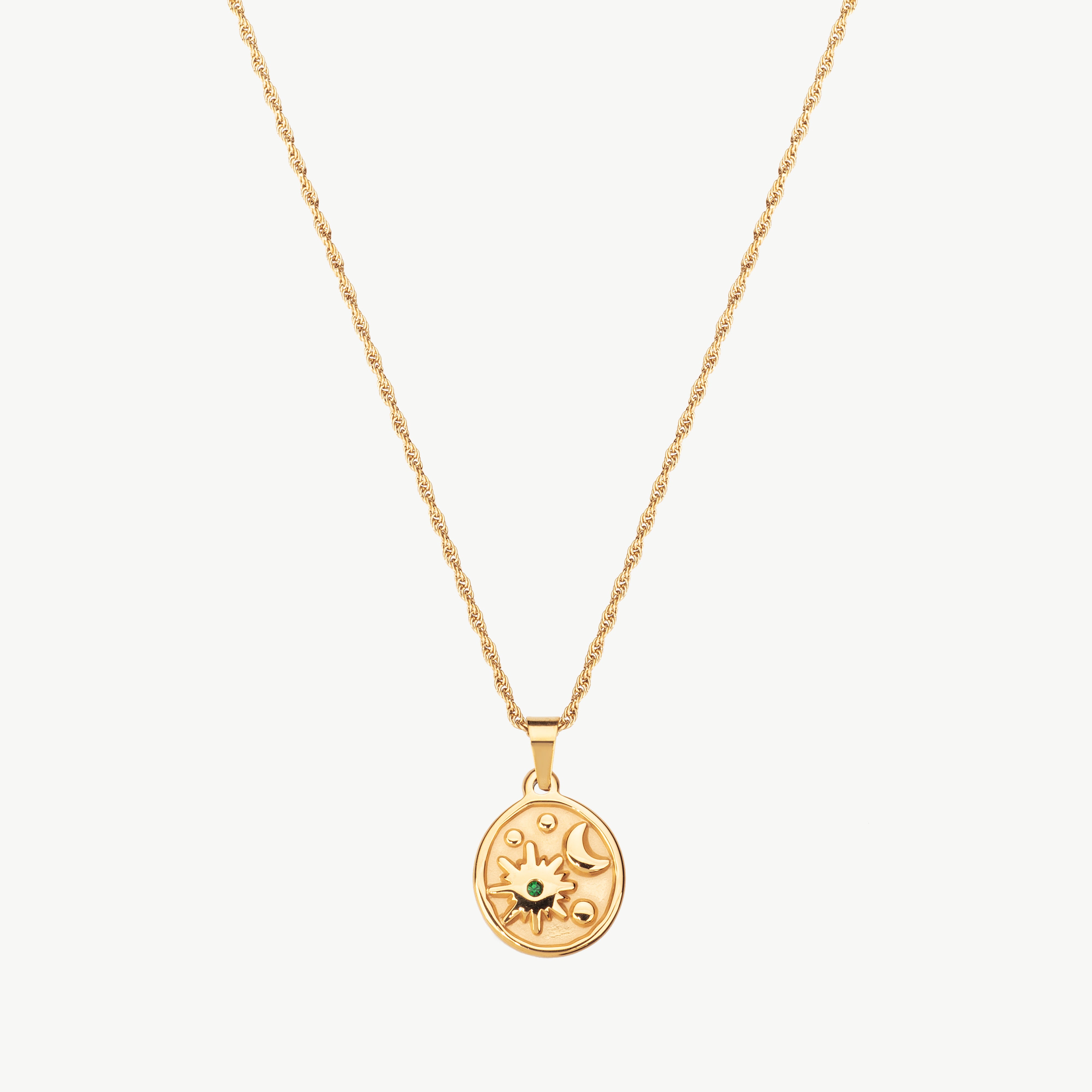 celestial necklace in gold with sun moon and star charms, celestial charm necklace featuring a sun moon and stars necklace arrangement along the chain and celestial coin necklace