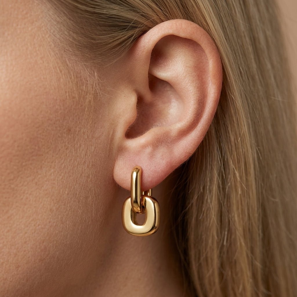 chain linked earrings gold link drop earrings with interlocking chain design chunky jewelry statement earrings modern double hoop earrings