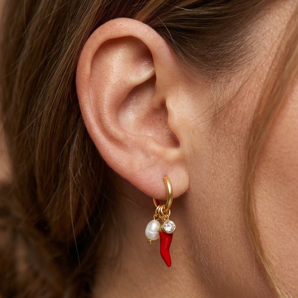 chili pepper charm earrings with pearl and crystal details on dainty gold hoops for a playful statement look