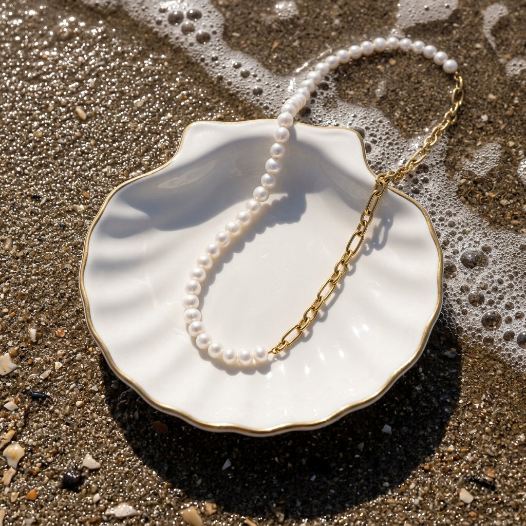 chunky pearl necklace for women featuring glossy white pearls and bold gold chain links in a modern half pearl half chain design for elegant everyday jewelry styling