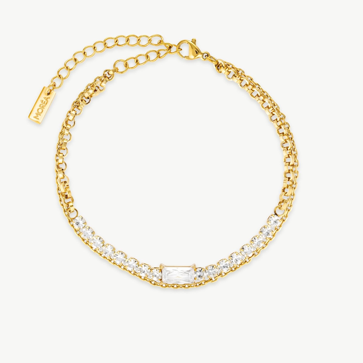 cubic zirconia bracelet gold design with brilliant CZ stones and layered polished gold chains