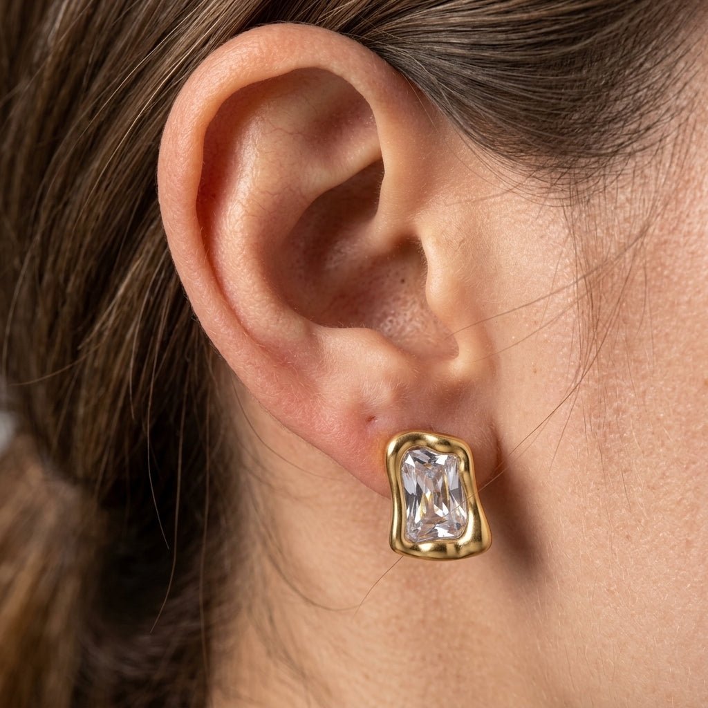 cubic zirconia earrings square square crystal stud earrings with molten gold setting bold cocktail jewelry modern glam statement earrings