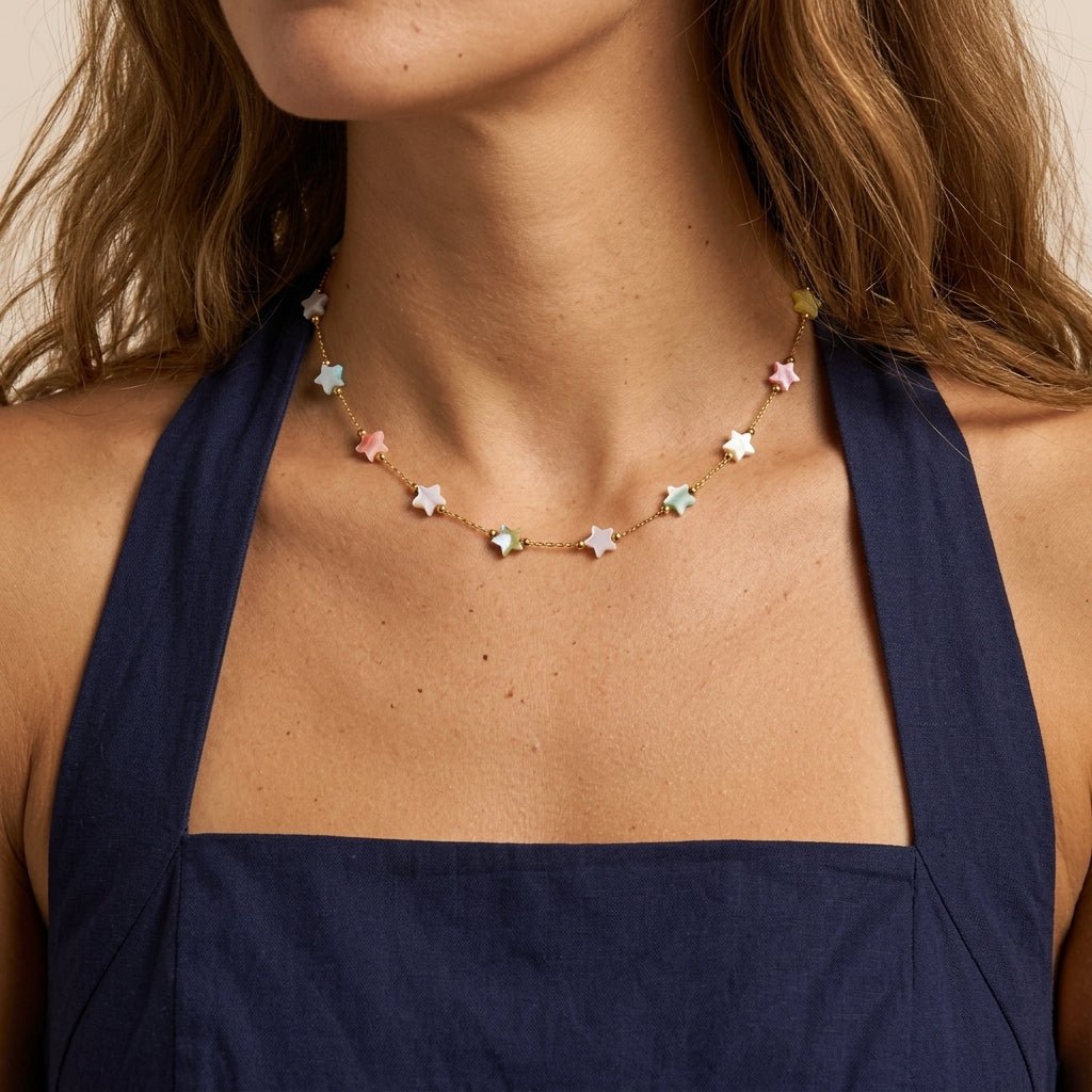 dainty star station necklace with small colorful stars