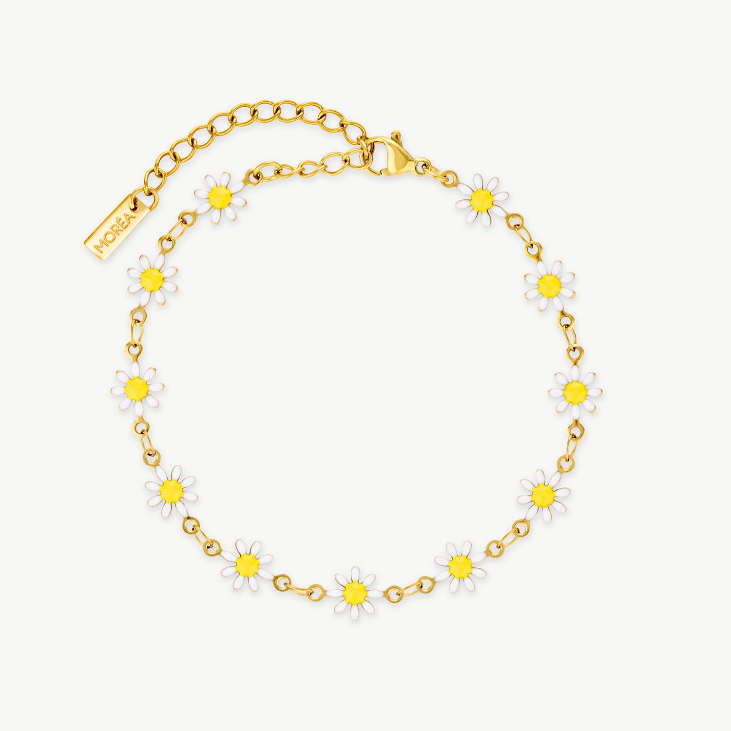 daisy bracelet with white and yellow flower charms on a delicate gold chain