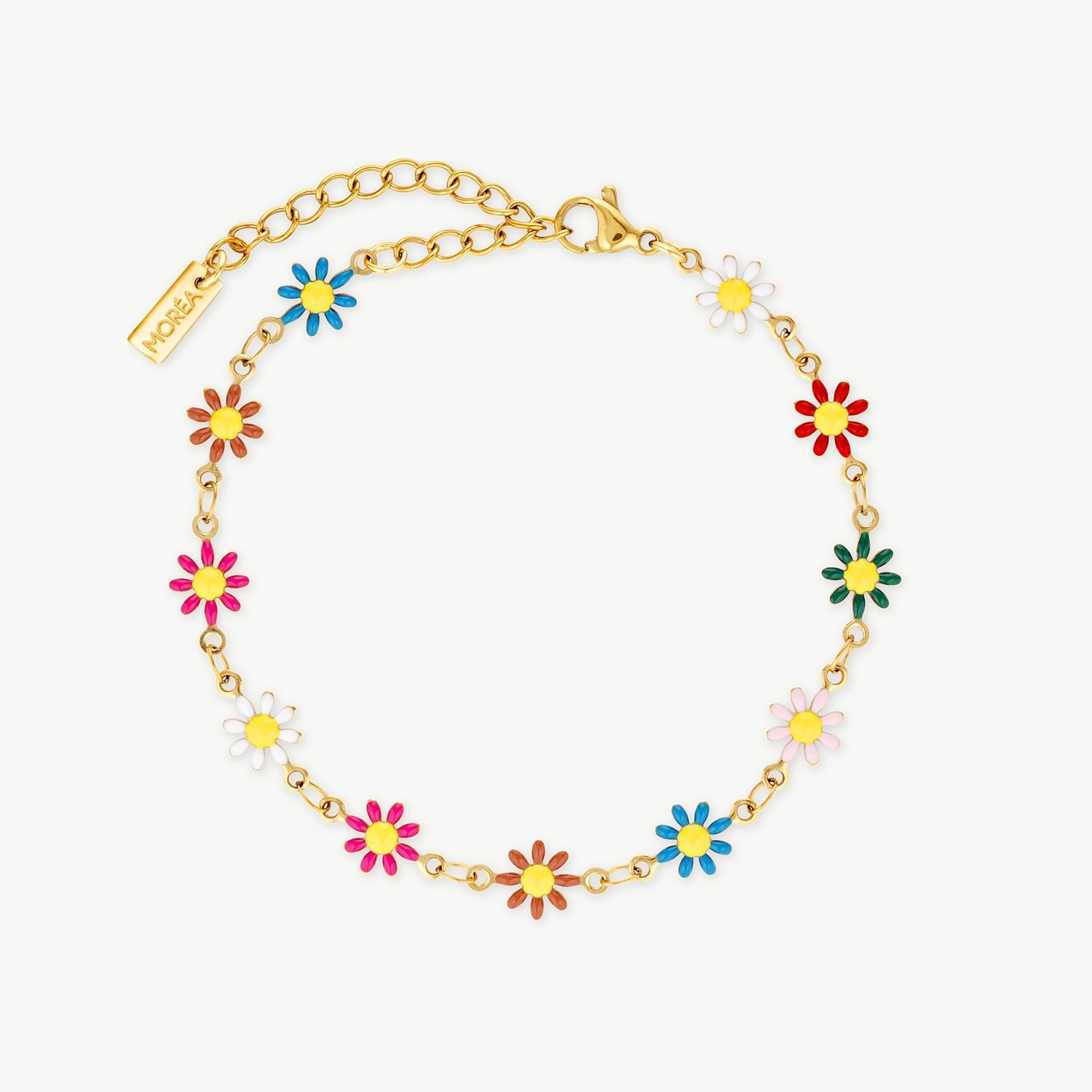 colorful daisy flower bracelet with multicolor floral charms on a delicate gold chain