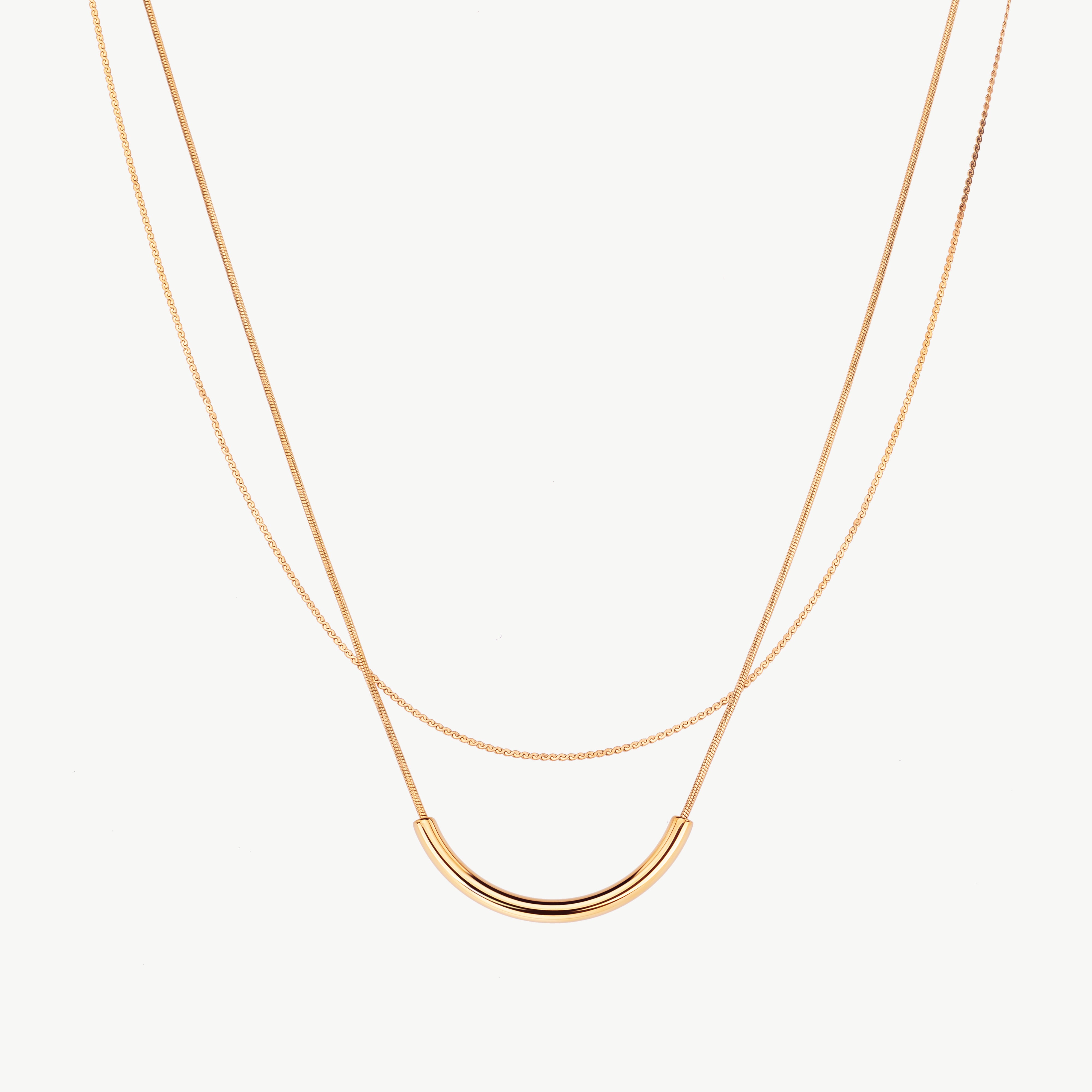 double chain necklace in gold with two layered chains, double layer necklace gold with curved bar necklace detail placed along the top chain