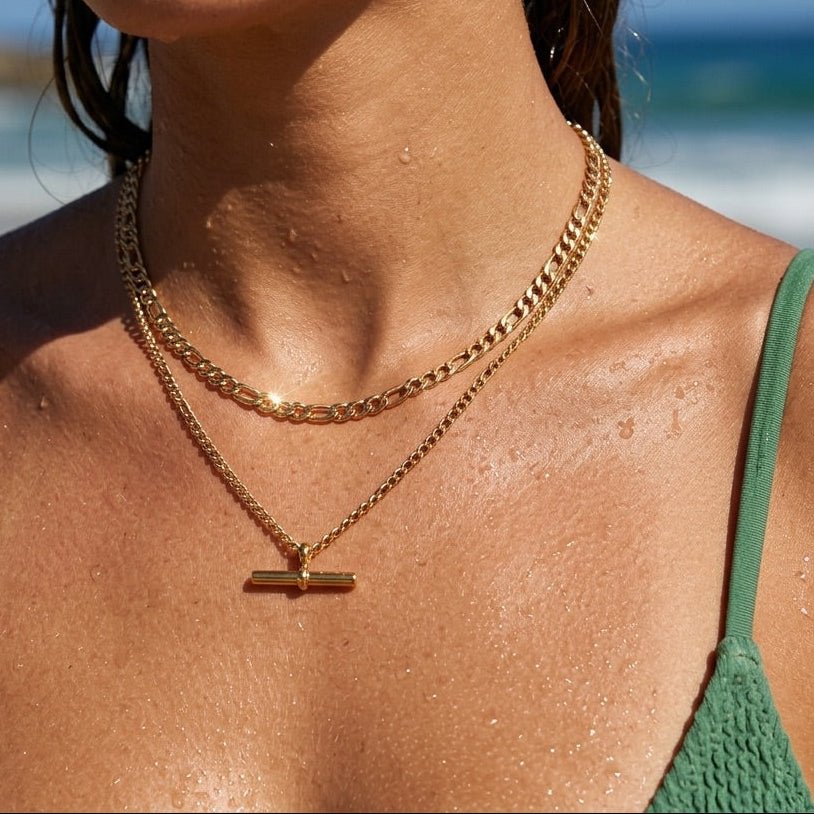 double layer gold necklace t bar necklace in modern layered waterproof necklace style