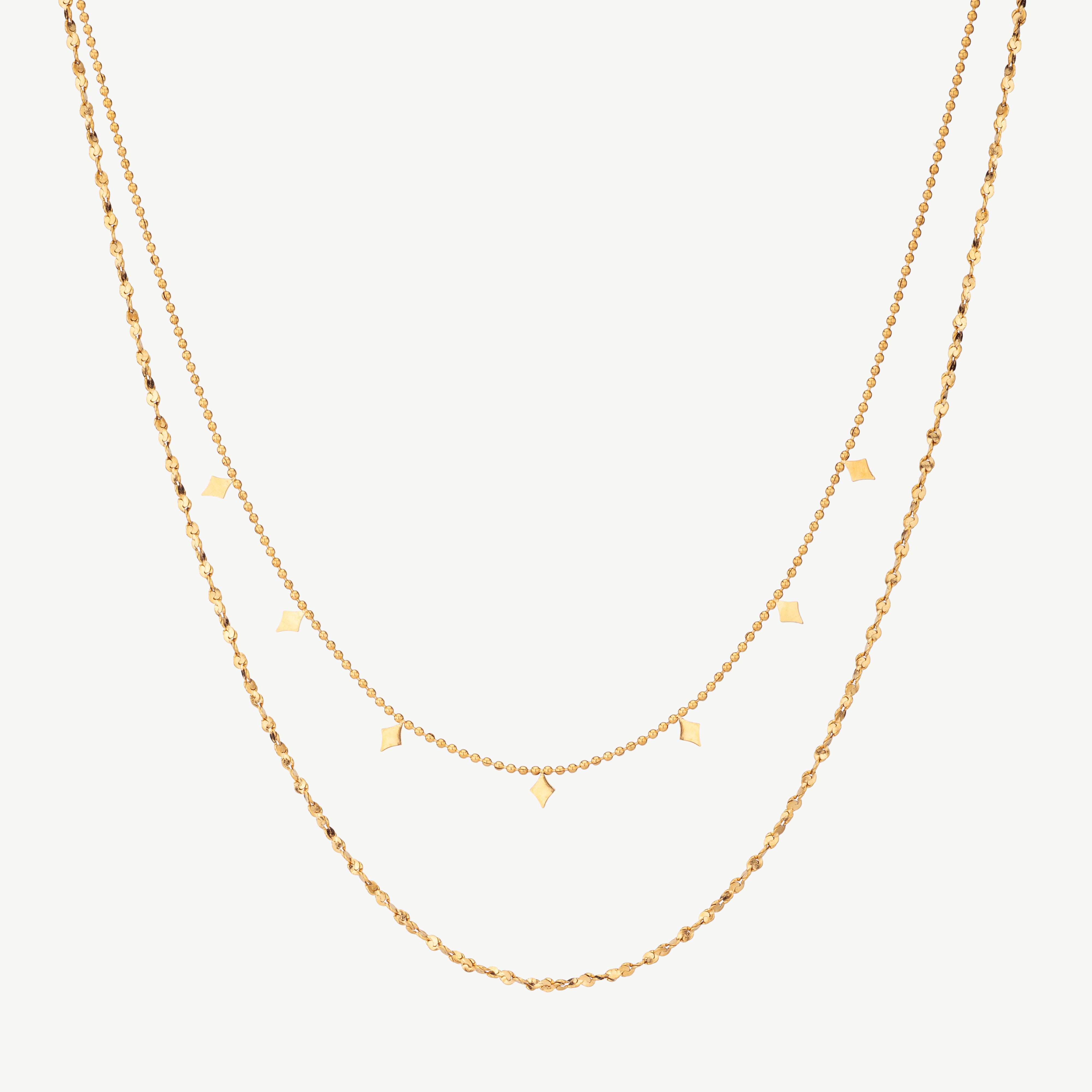 double layer necklace in gold with two fine chains, layered gold necklace with dainty double chain necklace detail and minimal polished finish