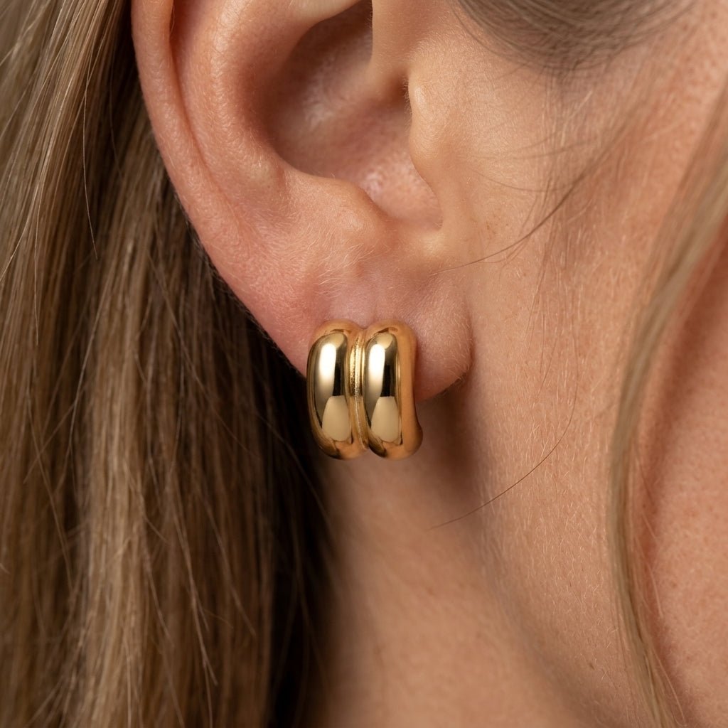 double sided stud earrings chunky gold double stud earrings with smooth curved design minimalist jewelry everyday earrings modern gold stud earrings