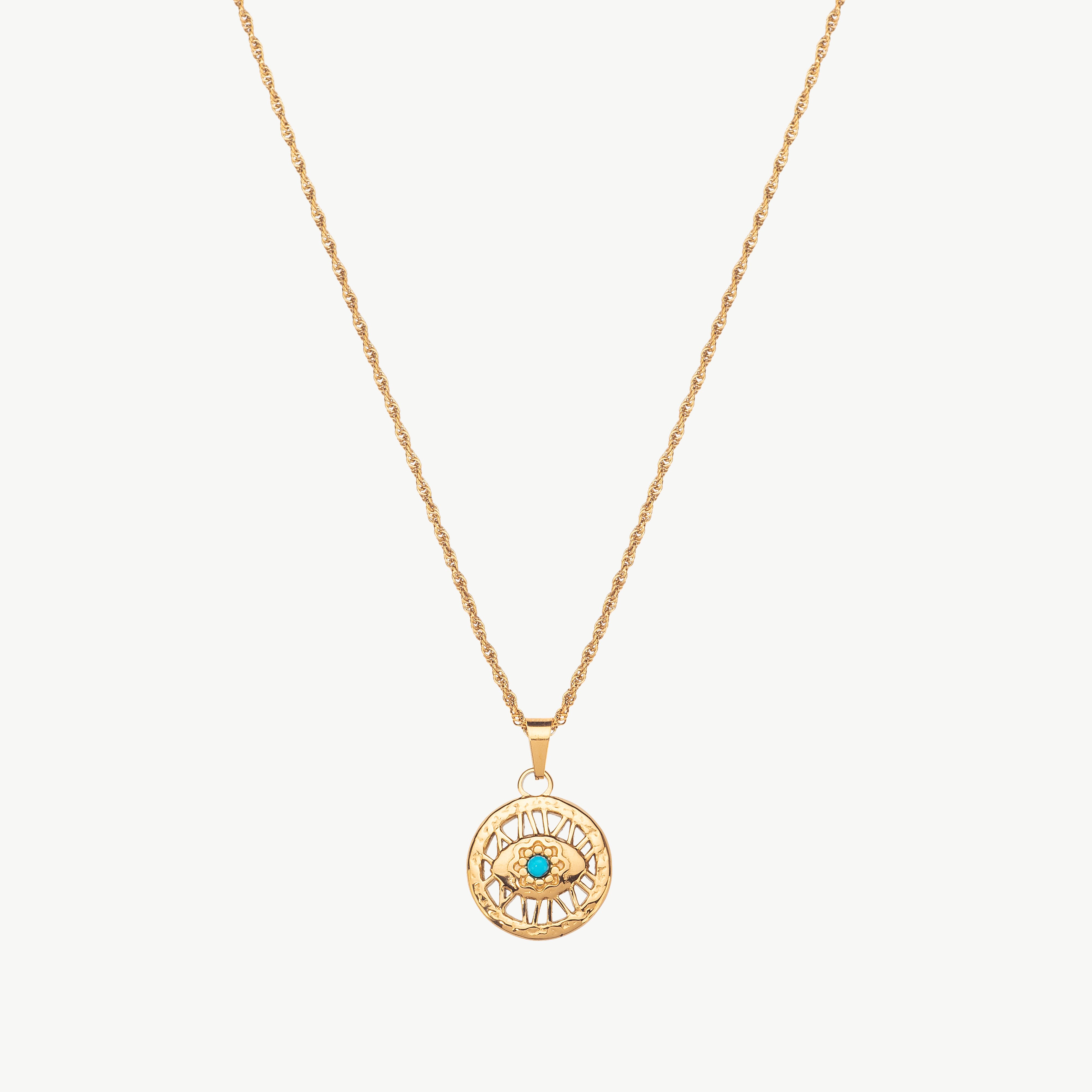 evil eye charm necklace in gold with central eye detail, dainty evil eye necklace with polished finish and symbolic evil eye coin necklace minimalist styling
