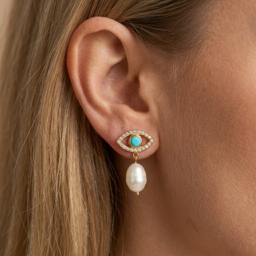 evil eye earrings dangle gold evil eye earrings with turquoise detail and pearl drop charm accented by delicate pavé crystals