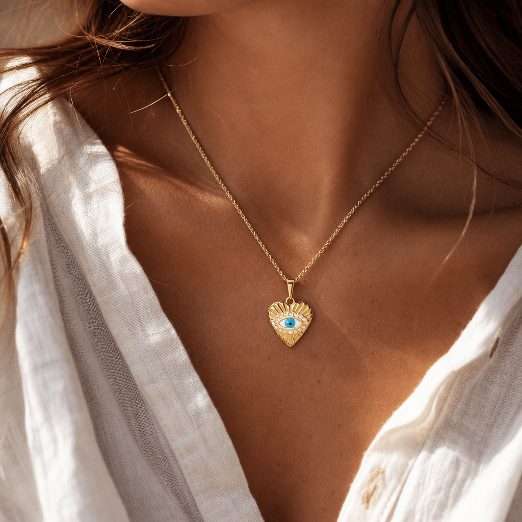 evil eye pendant necklace in gold heart design with blue enamel eye detail