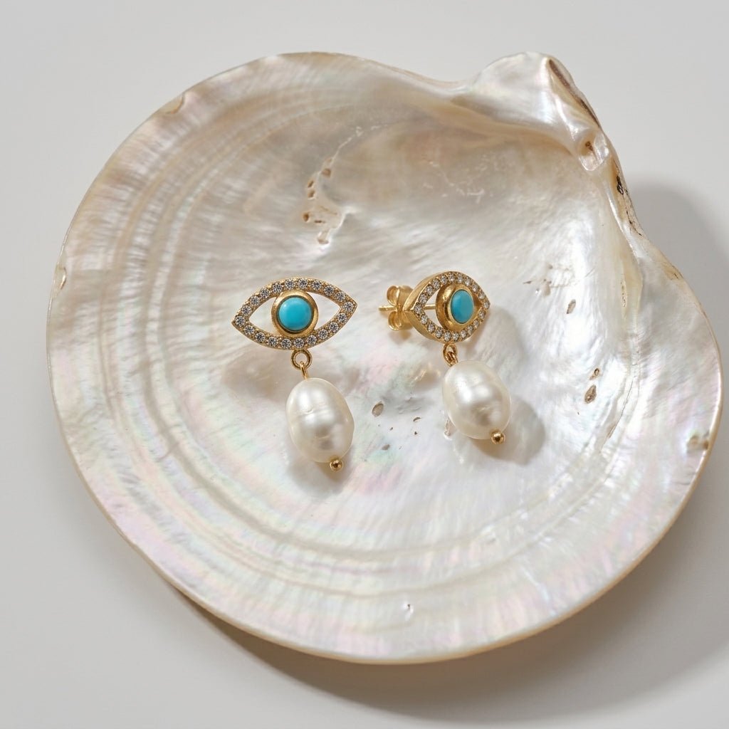 evil eye stud earrings gold evil eye earrings with turquoise stone and pearl drop charms bohemian jewelry spiritual protection earrings