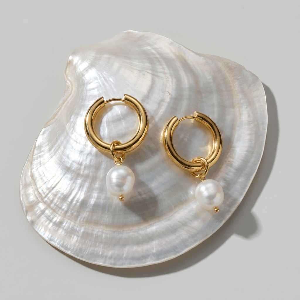 gold and pearl hoop earrings featuring radiant freshwater pearl drops, polished gold hoops, and a timeless waterproof everyday jewelry style