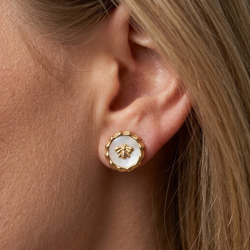 gold bee stud earrings vintage inspired bee stud earrings with a pearl enamel center and textured gold frame for a charming nature-inspired look