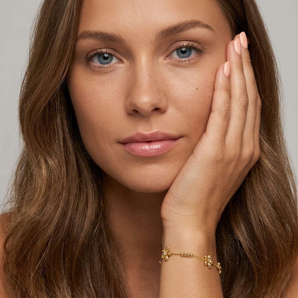 gold bracelet with flowers featuring delicate floral charms with sculpted gold petals, sparkling crystal centers and polished gold beads on a fine chain for elegant feminine jewelry