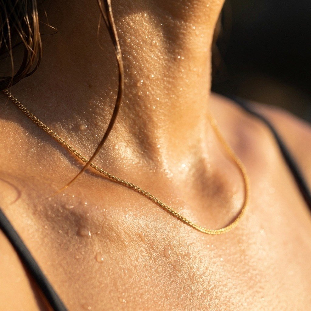 gold curb chain necklace with a sleek minimalist design worn at the neckline