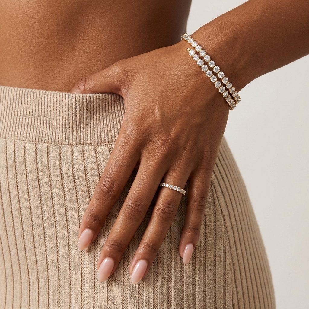 gold double row tennis bracelet with two rows of sparkling round clear stones in a polished gold-tone setting