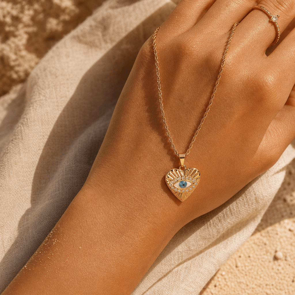 gold evil eye pendant necklace with delicate chain and minimalist luxury style