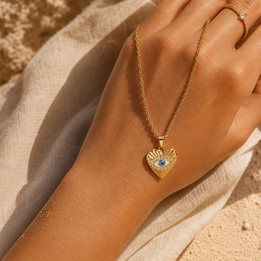 gold evil eye pendant necklace with delicate chain and minimalist luxury style