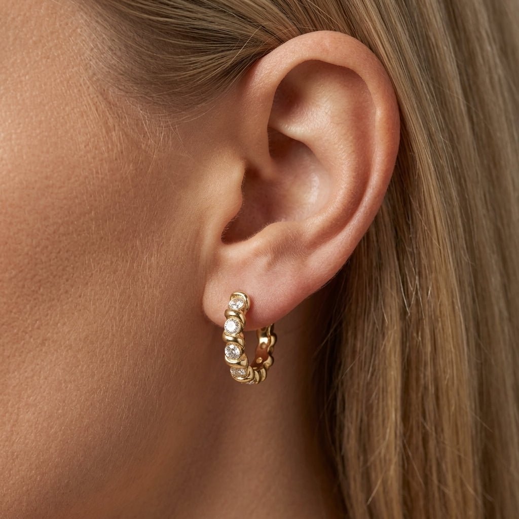 gold hoop cubic zirconia earrings gold pave huggie hoops with round crystal detailing dainty luxury earrings stackable everyday earrings