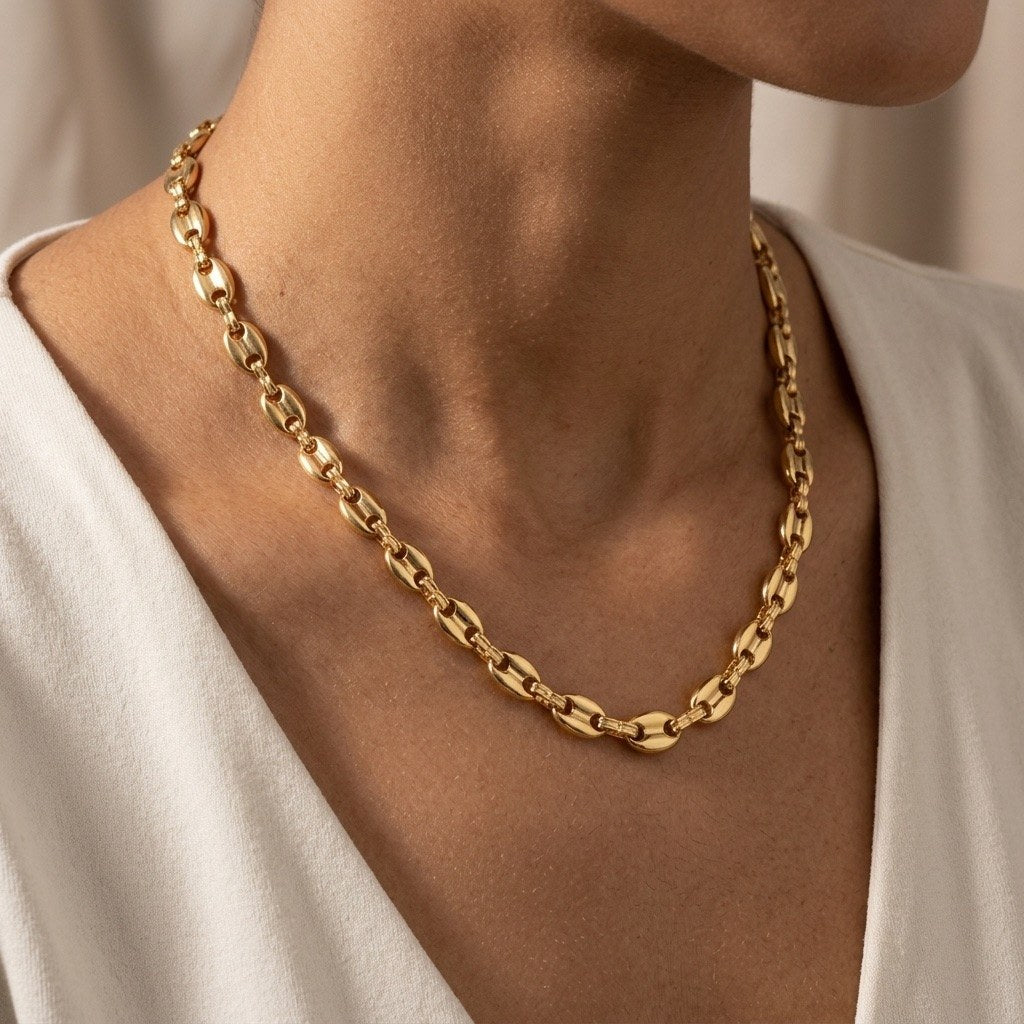 gold mariner link necklace with polished nautical-inspired links and a bold statement finish