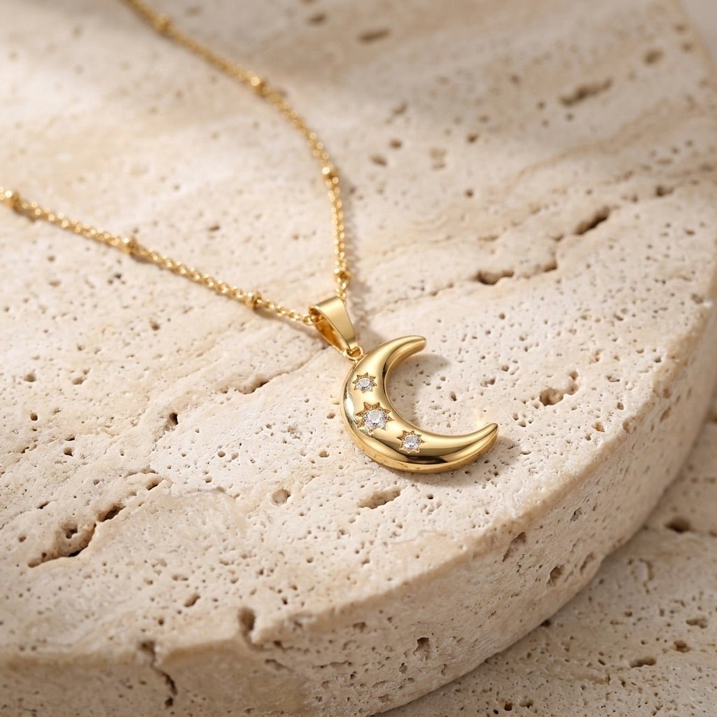 gold moon crescent necklace with cubic zirconia stars