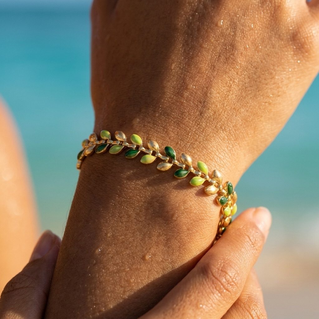 gold olive leaf bracelet with green leaf accents inspired by a delicate botanical branch design