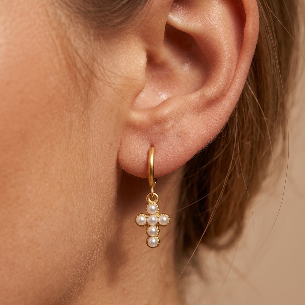gold pearl cross earrings delicate cross dangle earrings with a pearl cross charm, blending timeless elegance with symbolic styling for a refined feminine look
