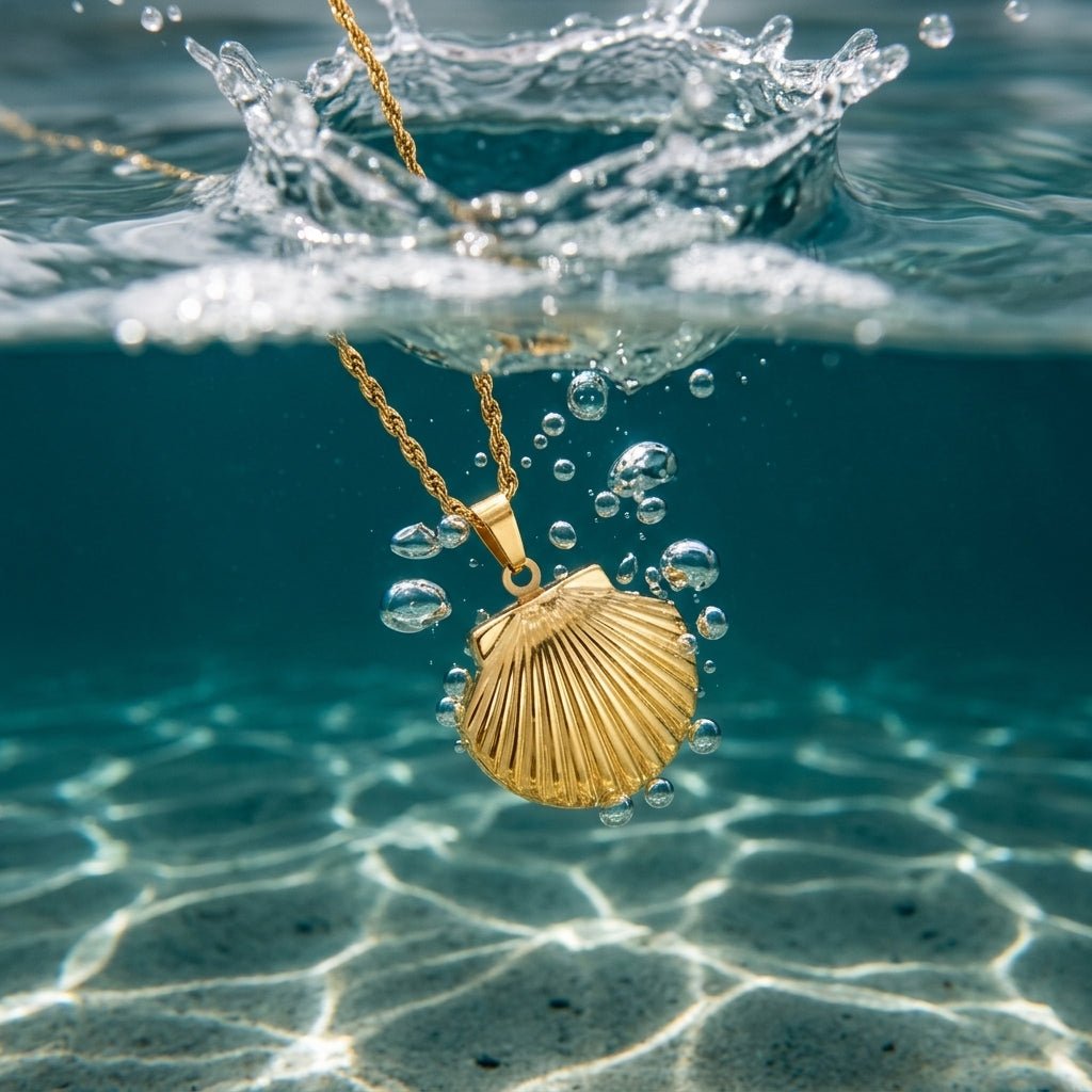 gold scallop shell locket necklace on a delicate chain