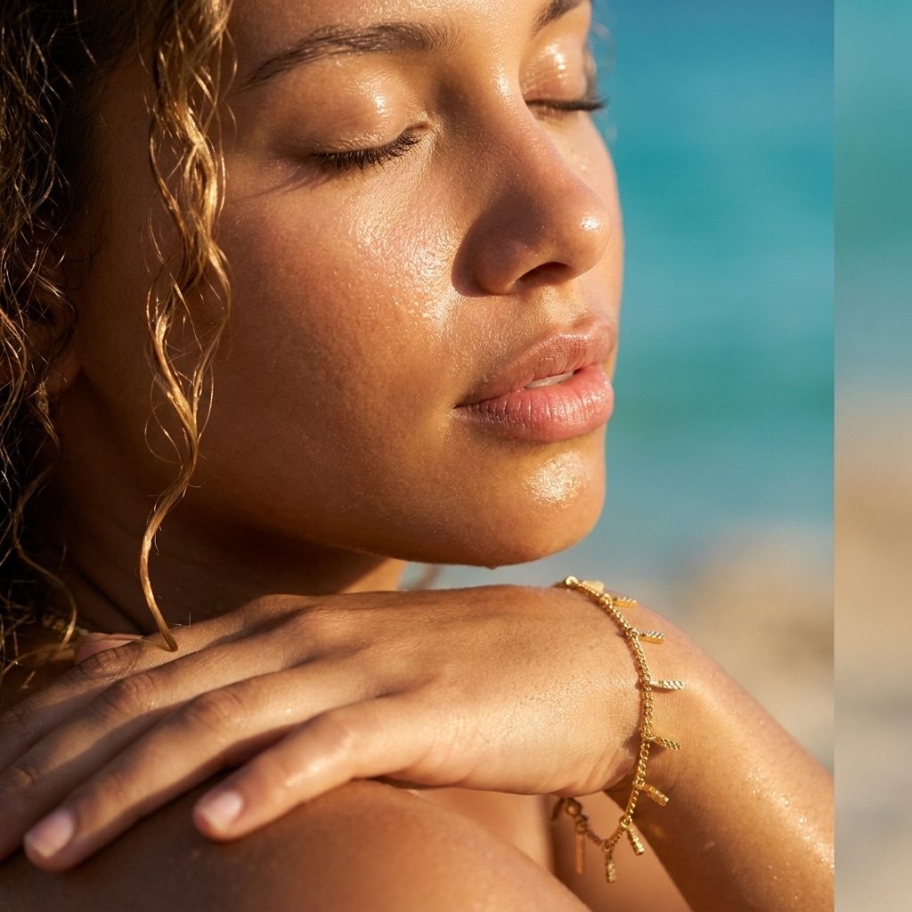 gold sunray charm bracelet featuring delicate sunburst-inspired details in a sunny beach setting