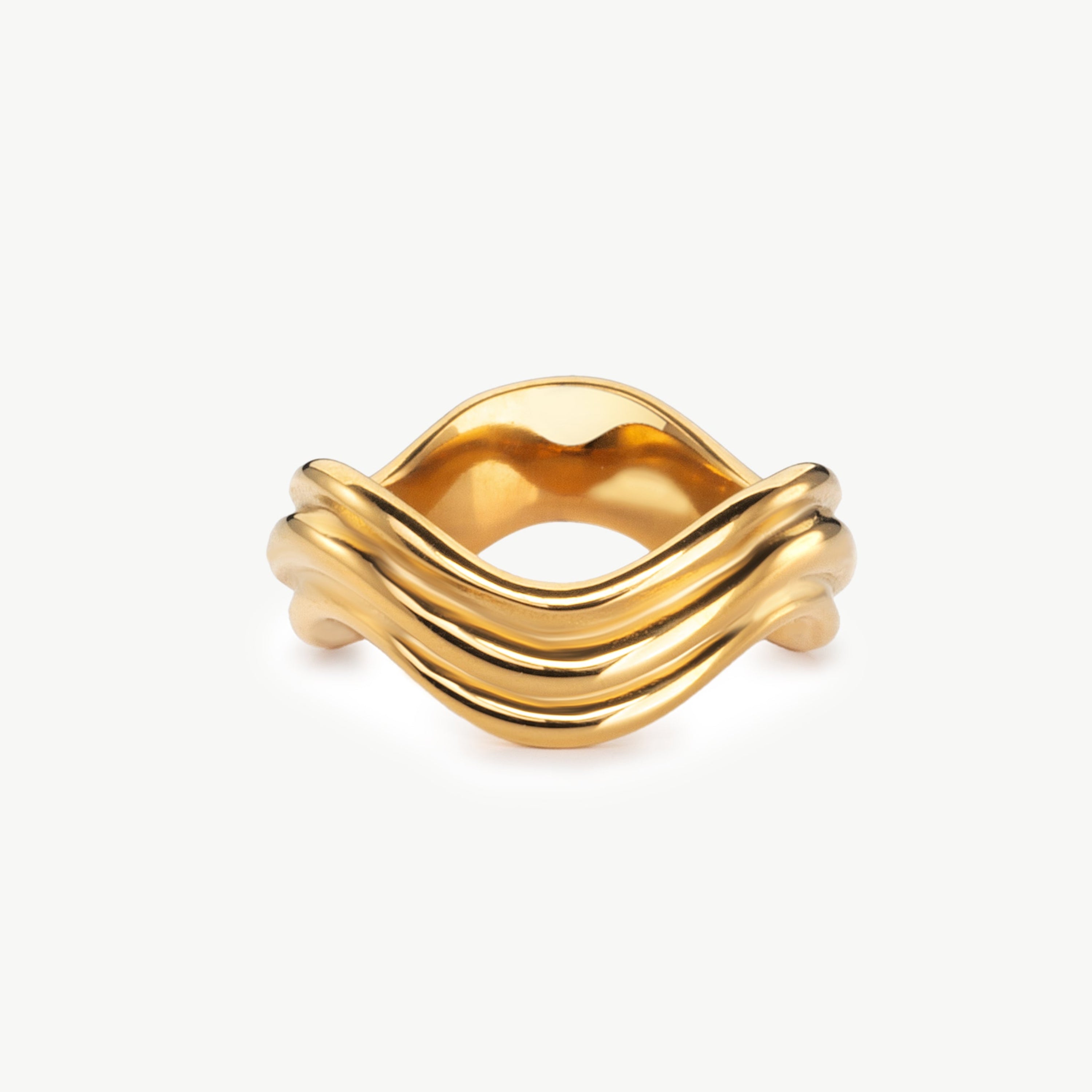 gold wavy ring with curved flowing shape, gold wave ring with polished finish and ocean wave ring inspired design