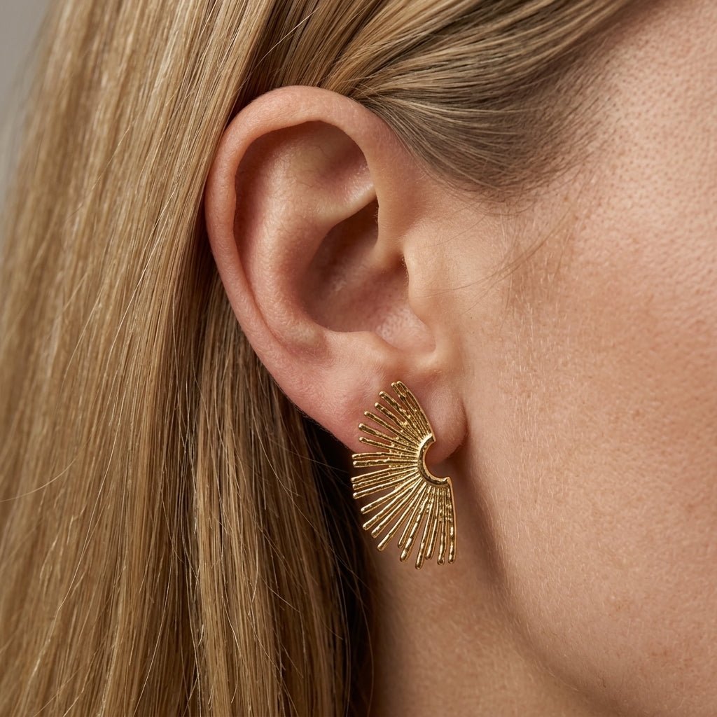 half sun earrings gold sunburst earrings with radiant fan design statement studs celestial jewelry modern ocean theme earrings style