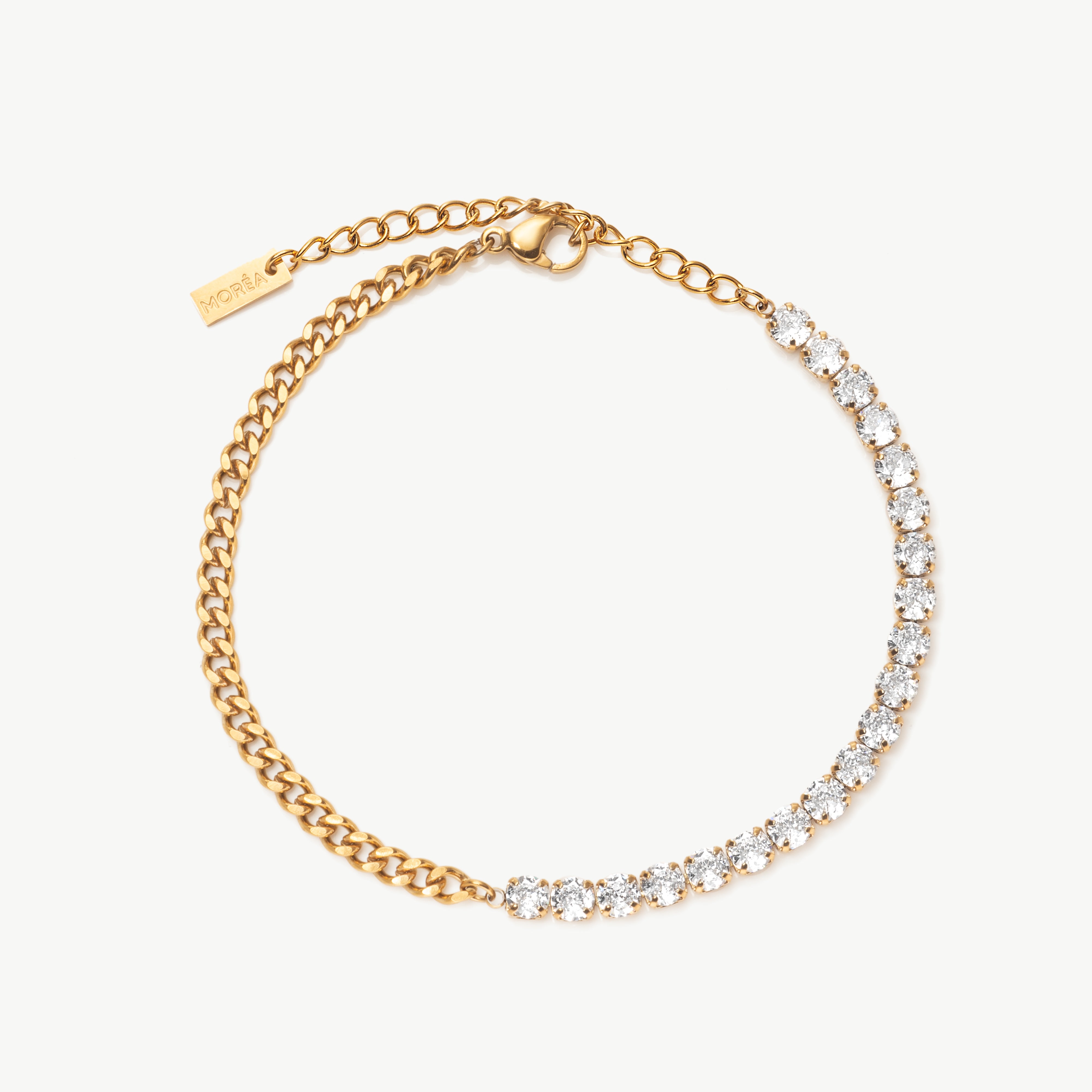 half tennis bracelet in gold with cz stones, gold tennis bracelet with cubic zirconia bracelet detail and polished finish