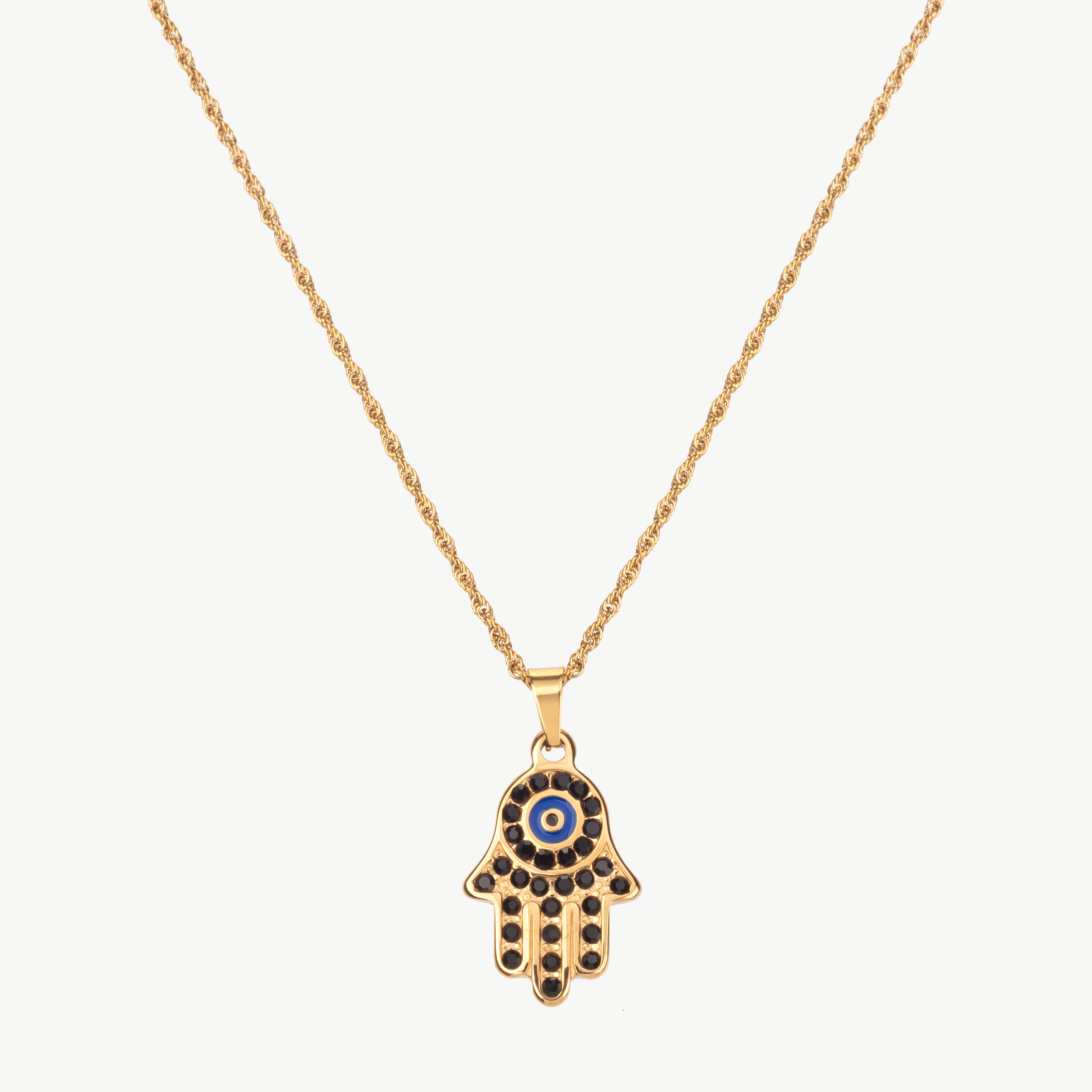 hand of fatima necklace in gold with polished hamsa pendant, symbolic fatima hand necklace with smooth finish and minimal detail