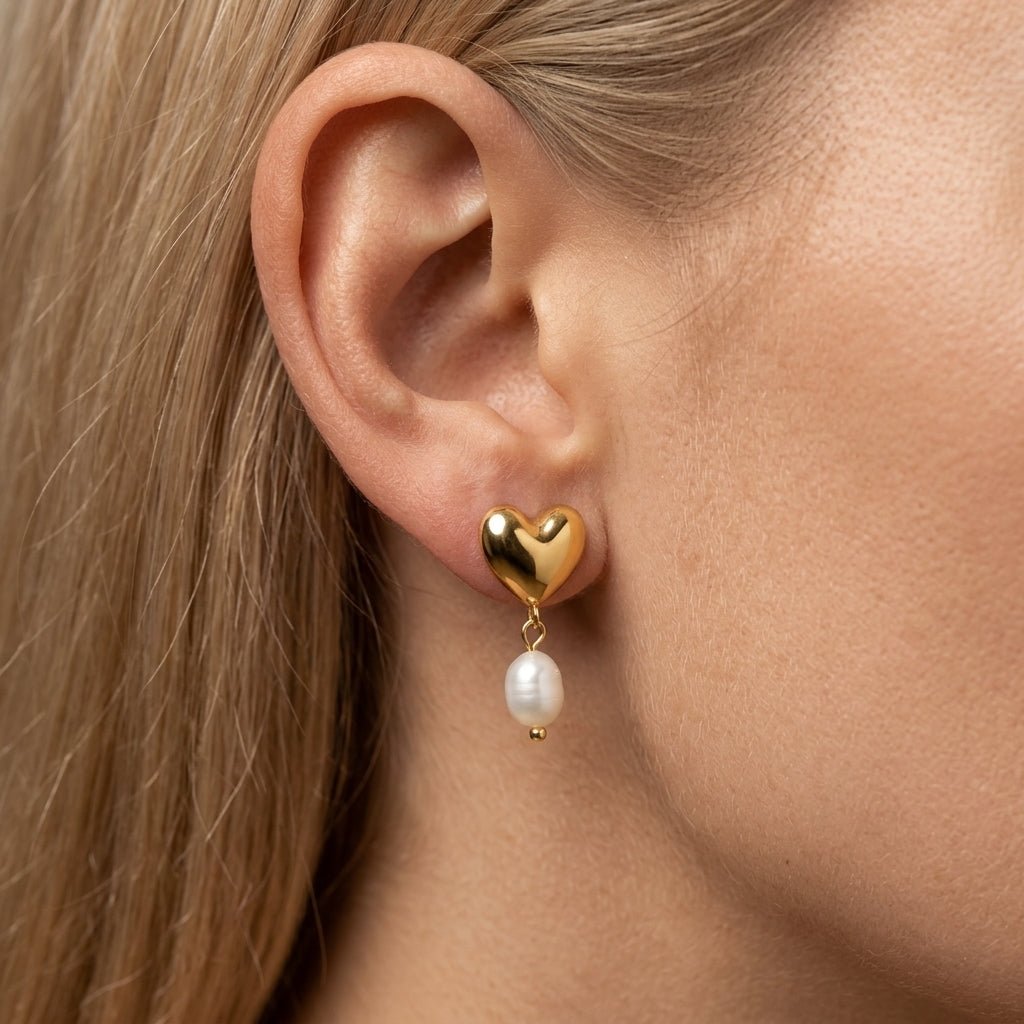heart pearl earrings gold heart stud earrings with a freshwater pearl drop for a romantic and elegant everyday earrings look