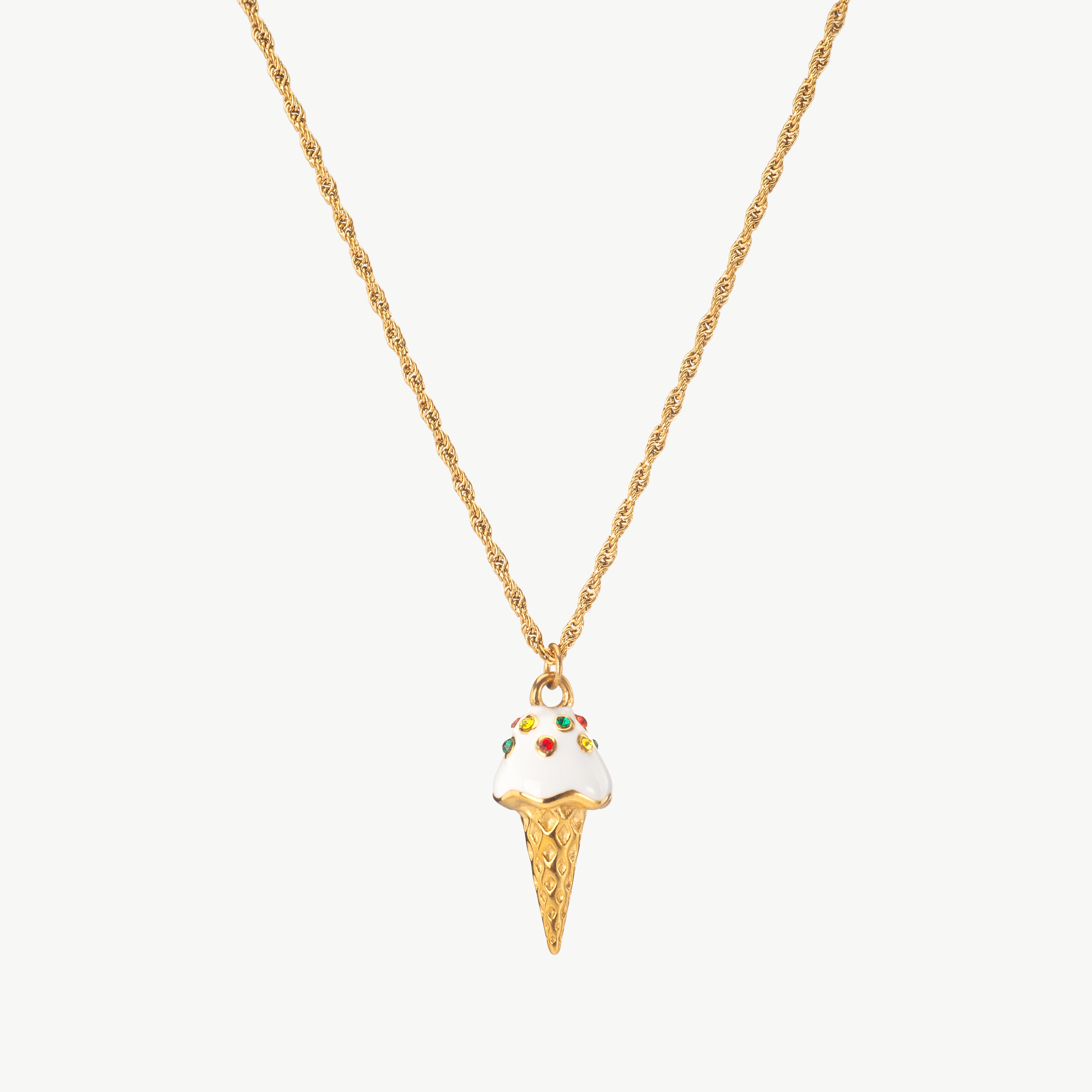 ice cream necklace in gold with cone charm, ice cream charm necklace with polished finish and fun summer jewelry styling