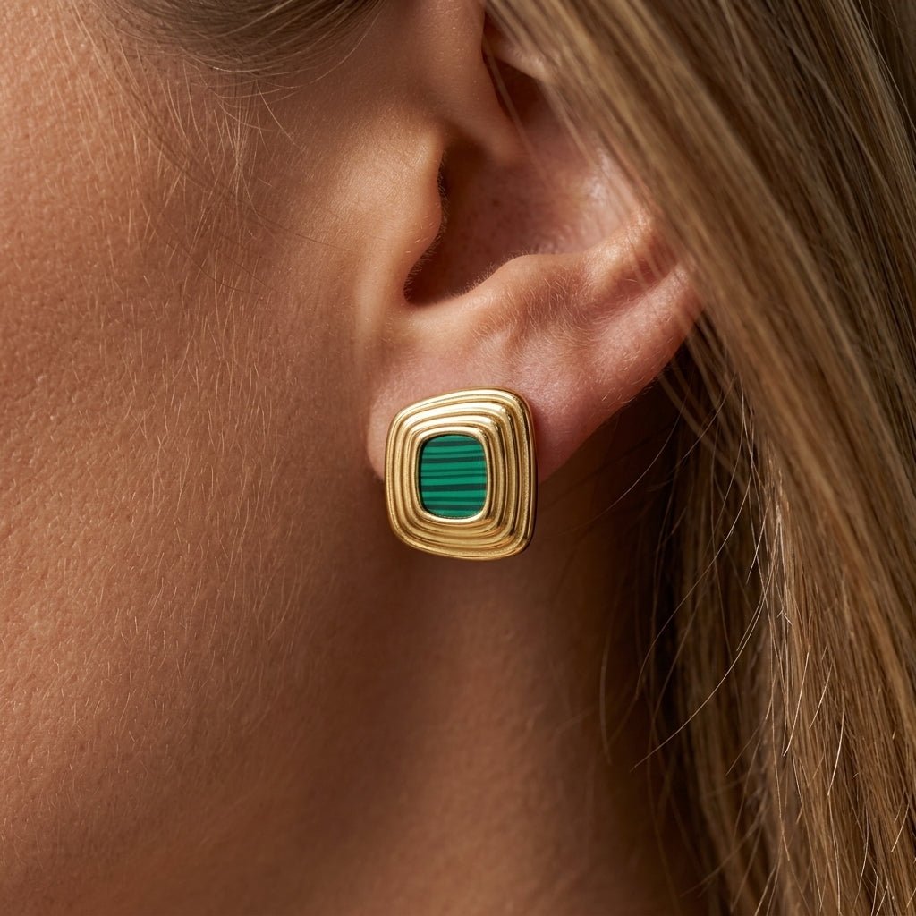 malachite stud earrings geometric gold green square stud earrings featuring rich green malachite detailing with an art deco inspired silhouette and polished finish