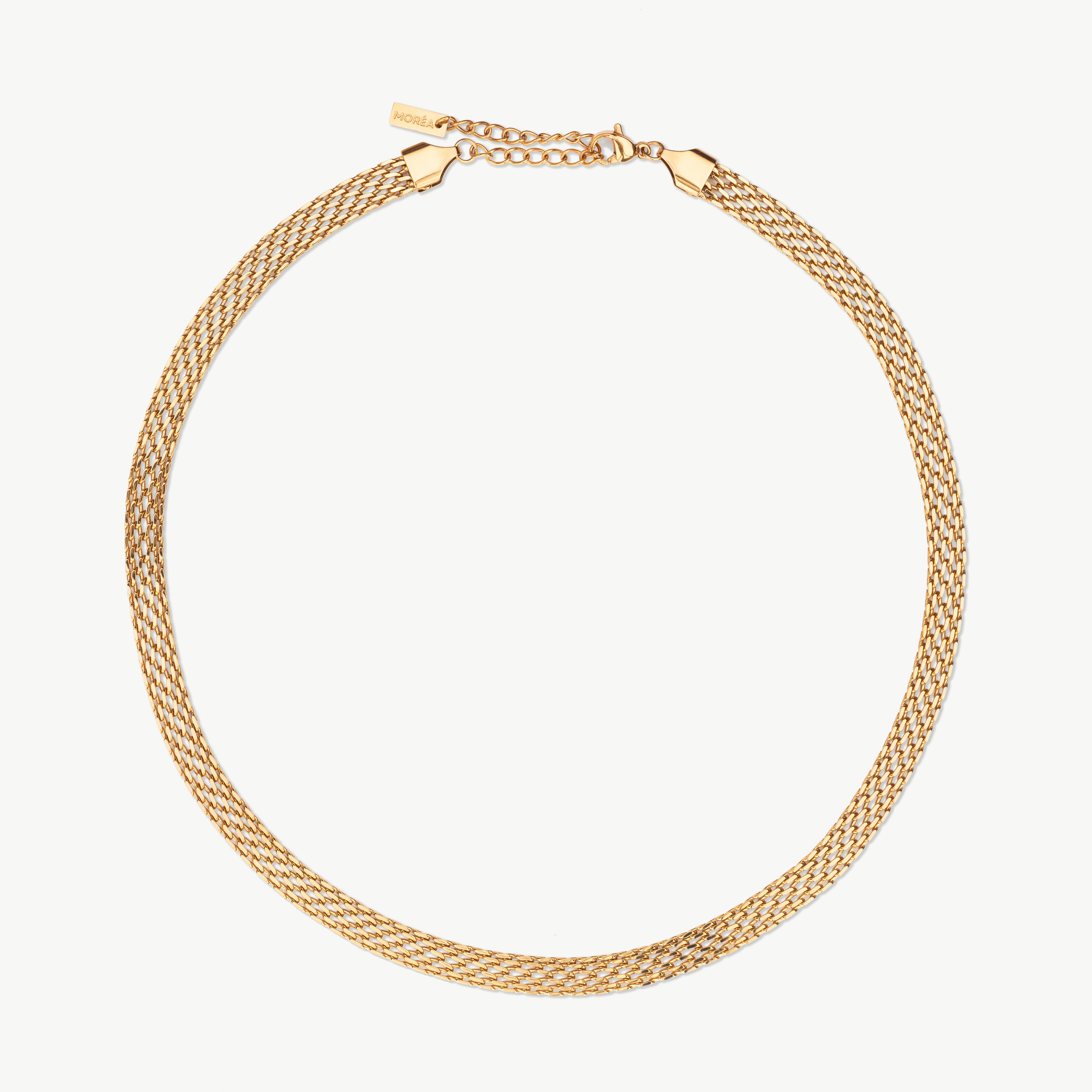 mesh necklace in gold with woven chain texture, gold mesh choker necklace and woven chain necklace forming a smooth collar necklace around the neckline