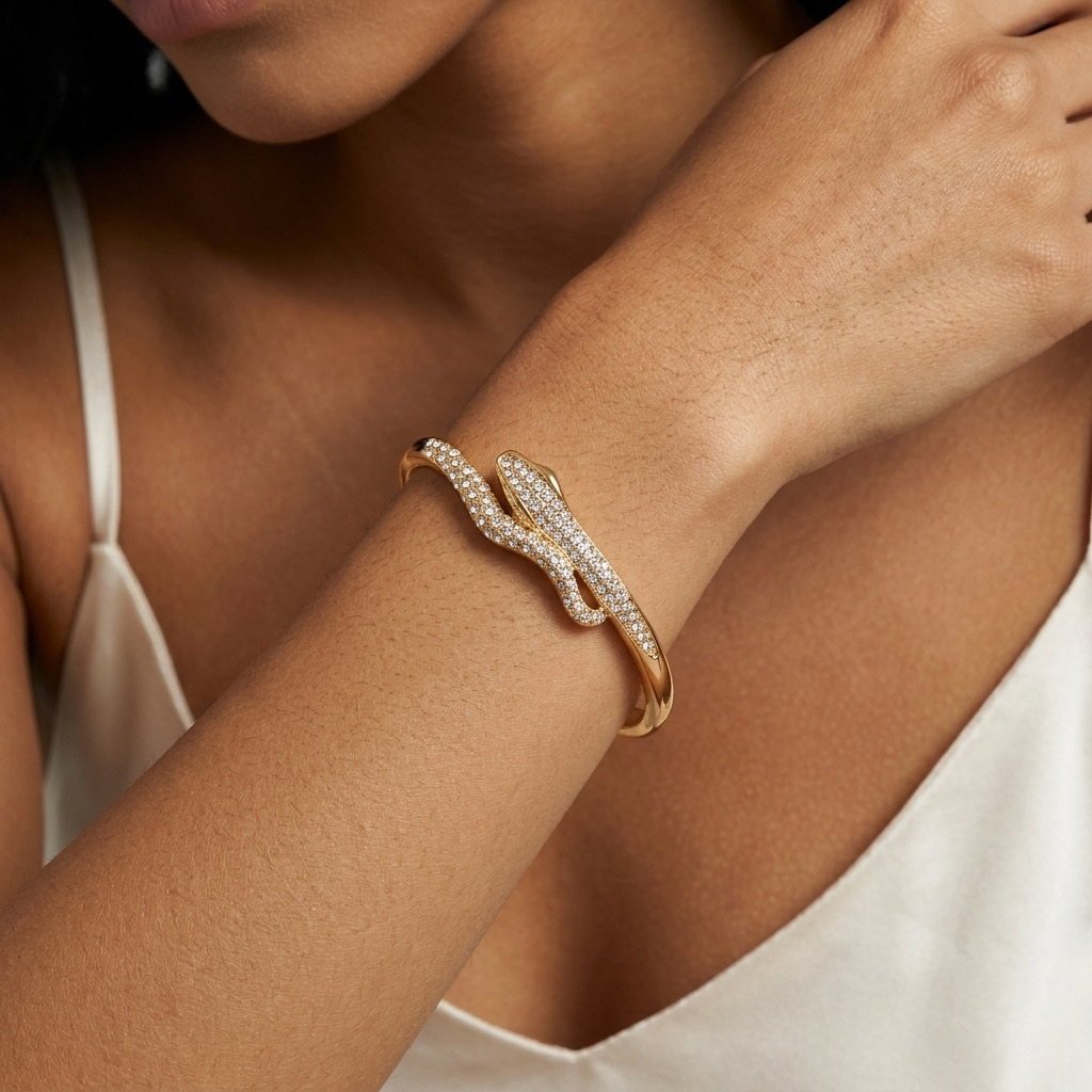 gold snake cuff bracelet for women featuring a sparkling crystal pavé design