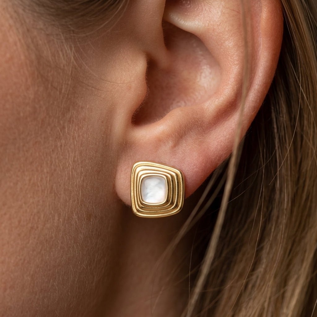 mother of pearl stud earrings geometric gold stud earrings with mother of pearl center white and gold stud earrings