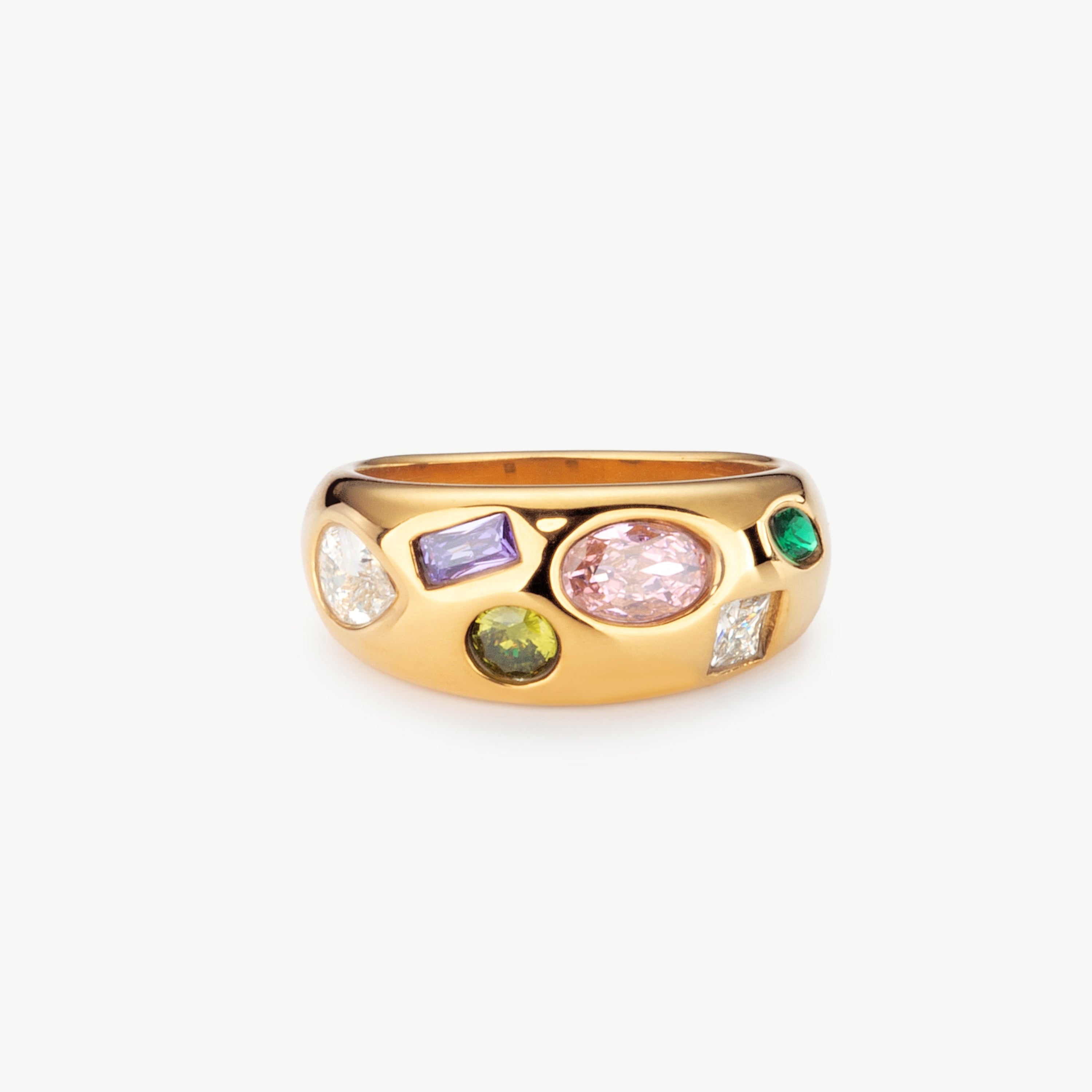 multi gemstone ring in gold with colorful stones, gold multi gemstone ring with rainbow gem ring detail and polished dome gemstone ring finish