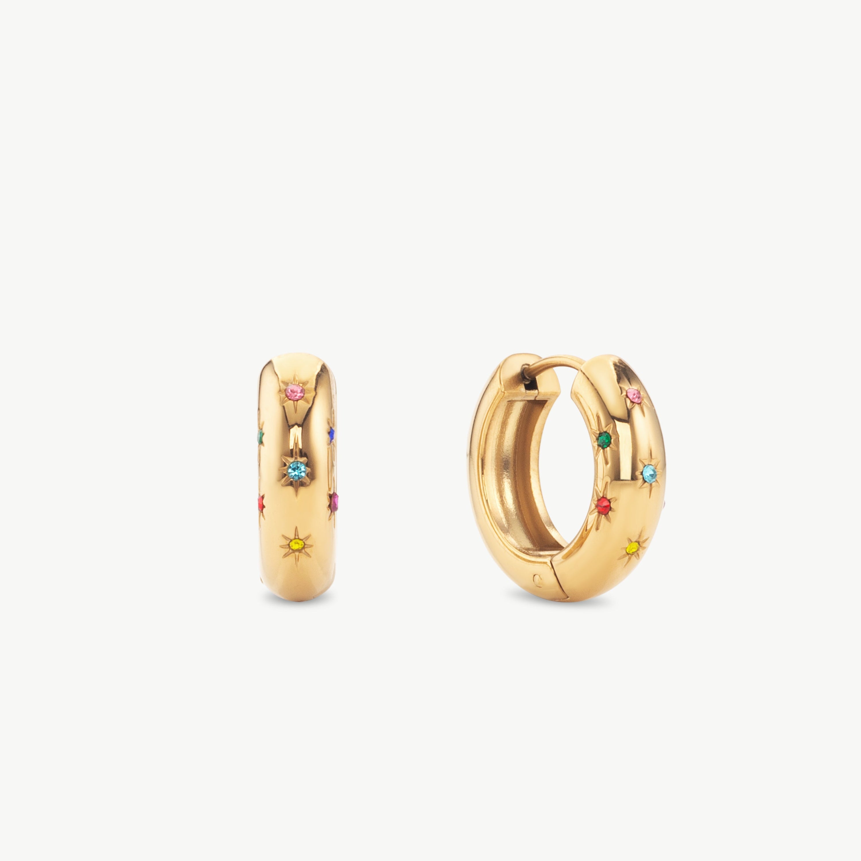 multicolor hoop earrings rainbow hoop earrings with star hoop earrings and gold hoop earrings with gemstones detail